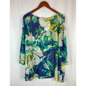 Bob Mackie 2X Wearable Art Tunic Multicolor Floral Print 3/4 Sleeve Semi Sheer